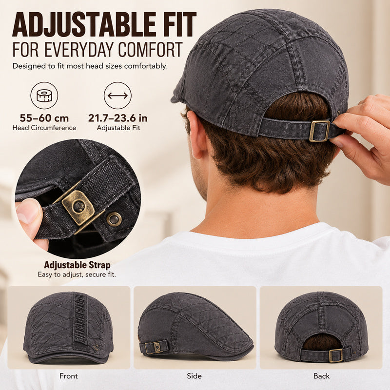 Washed Cotton Vintage Flat Cap — Adjustable Fit.