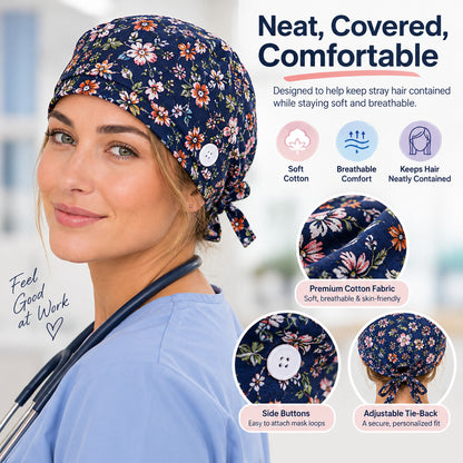 Floral Print Scrub Cap — Sweatband, Mask Buttons, Adjustable Tie-Back