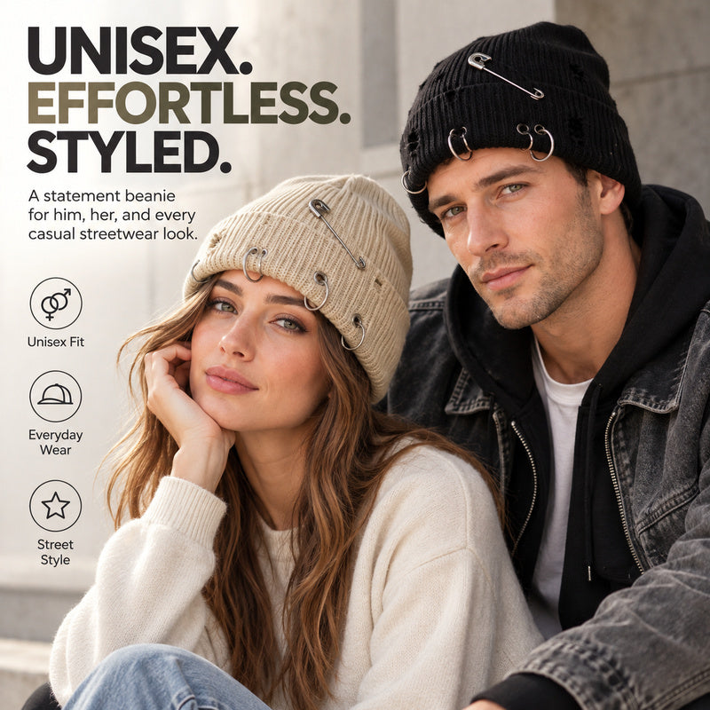 Distressed Knit Beanie with Safety Pin & Metal O-Ring — 8 Colors