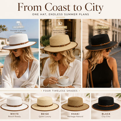 Women's Wide Brim Straw Boater Hat — Buckle Band, Structured Flat-Top, 4 Colors