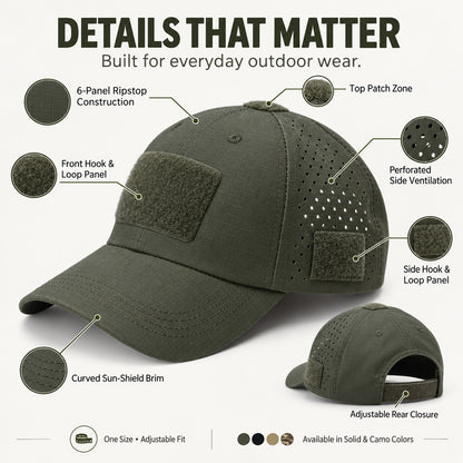 Tactical Baseball Cap with Patch — Breathable Ripstop Hat, Adjustable Fit, Hook & Loop Panels.