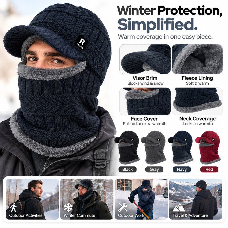 Winter Knit Hat with Visor Face Cover & Neck Warmer