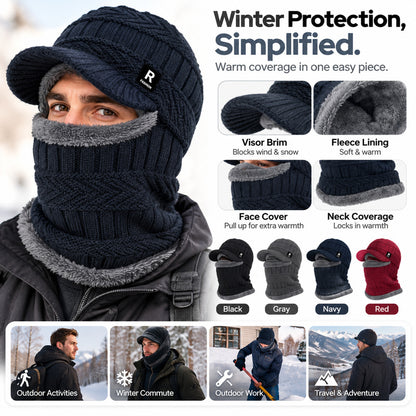 Winter Knit Hat with Visor Face Cover & Neck Warmer