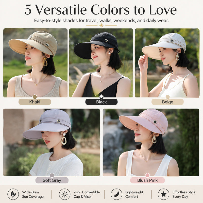 Women's Wide-Brim 2-in-1 Convertible Sun Hat — Cap & Visor.