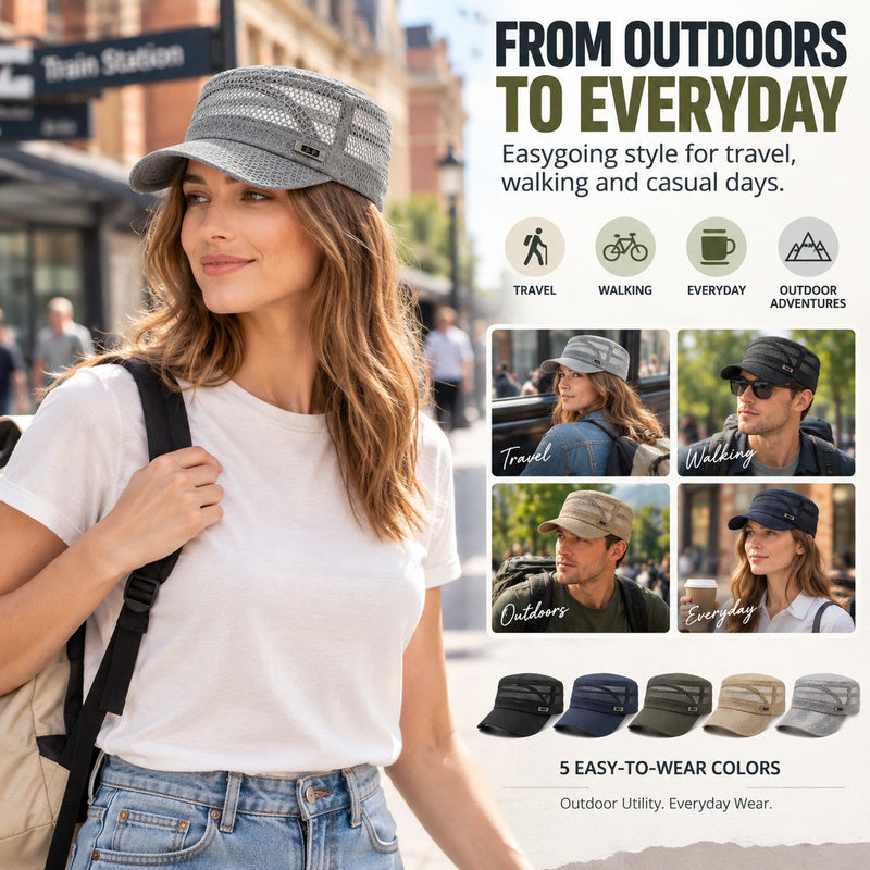 Open-Mesh Flat-Top Cap — Breathable Military Style Hat, Adjustable Metal Buckle, Unisex.