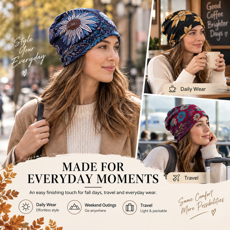 Boho Floral Slouchy Beanie for Women Lightweight Soft Stretchy Hat