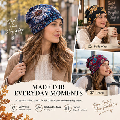 Boho Floral Slouchy Beanie for Women Lightweight Soft Stretchy Hat