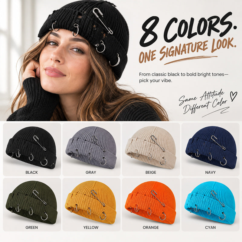 Distressed Knit Beanie with Safety Pin & Metal O-Ring — 8 Colors