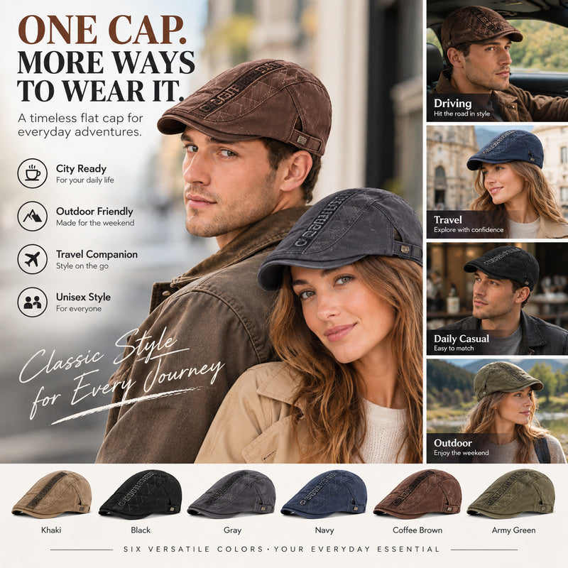 Washed Cotton Vintage Flat Cap — Adjustable Fit.