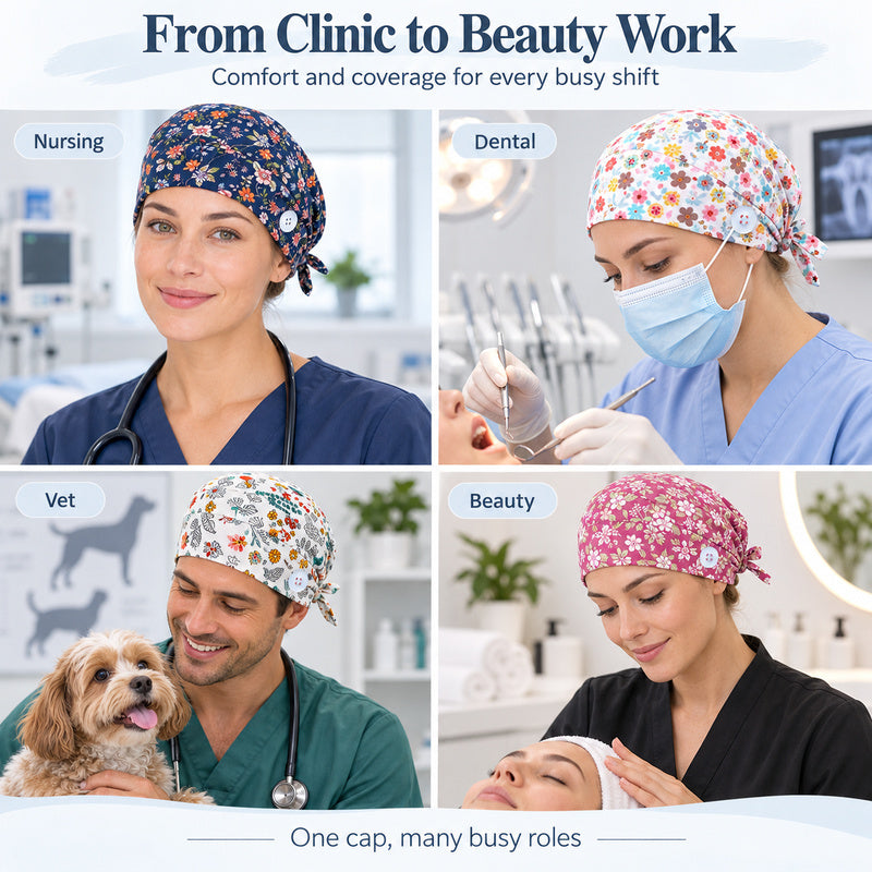 Floral Print Scrub Cap — Sweatband, Mask Buttons, Adjustable Tie-Back