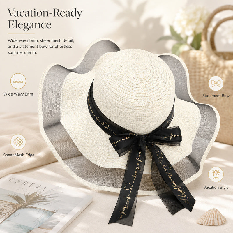 Women's Wide Wavy Brim Straw Sun Hat — Sheer Mesh Edge, Statement Bow, 5 Colors