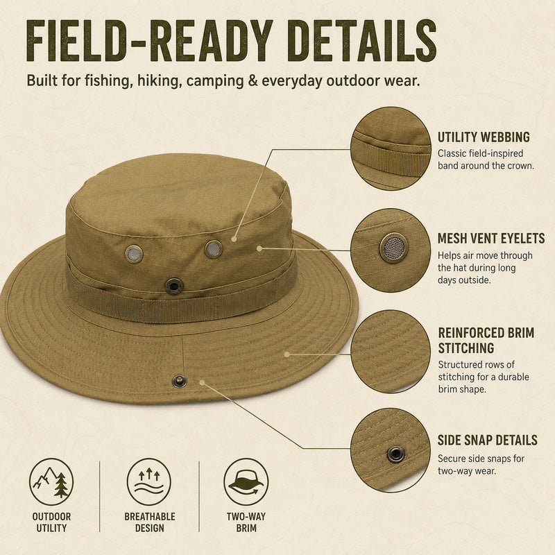 Men's Outdoor Boonie Sun Hat — 360° Shade, Ventilation Eyelets, 8 Colors