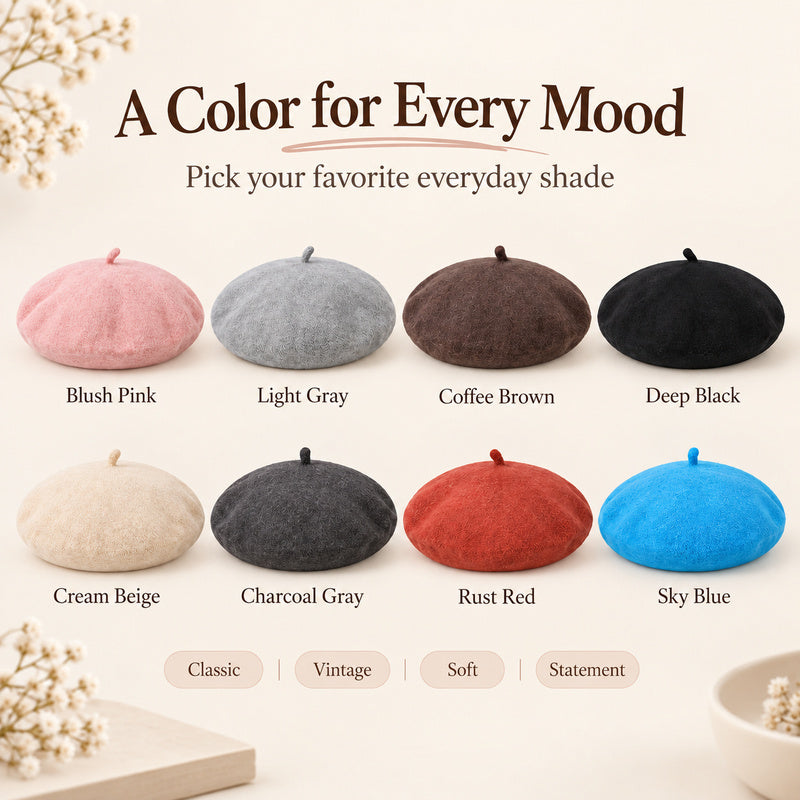 Classic Wool-Look Beret — Soft Texture, 3 Wear Styles, 8 Colors