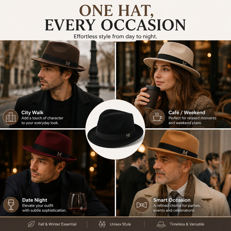 Classic Short-Brim Trilby Hat — Premium Felt, Metal Accent, 10 Colors, Unisex