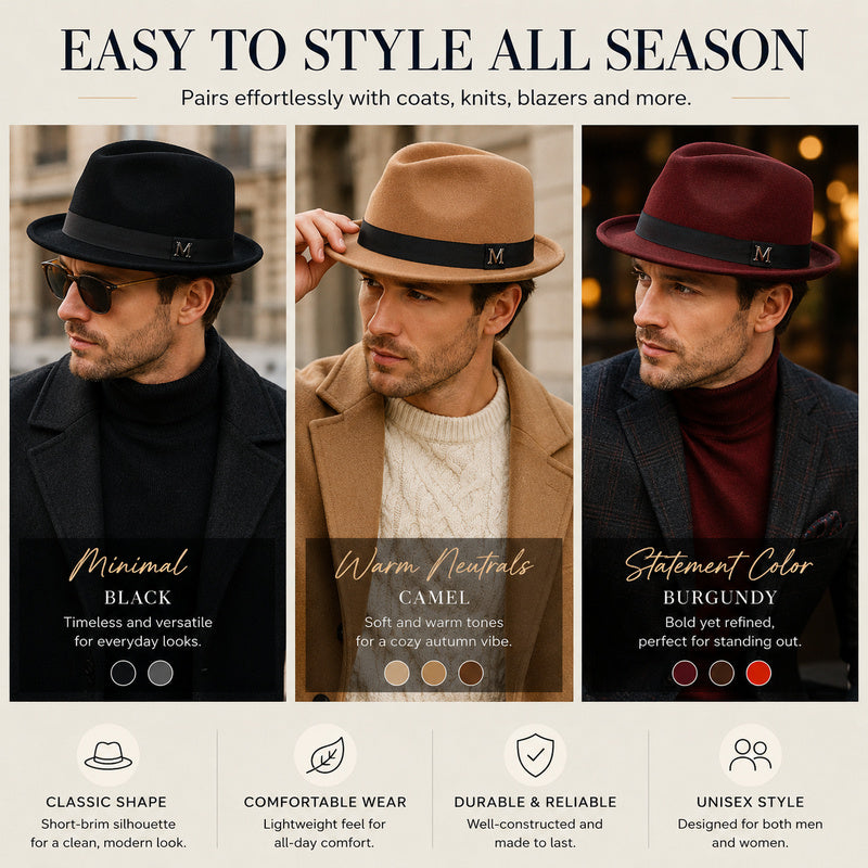Classic Short-Brim Trilby Hat — Premium Felt, Metal Accent, 10 Colors, Unisex
