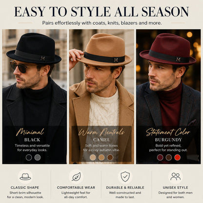Classic Short-Brim Trilby Hat — Premium Felt, Metal Accent, 10 Colors, Unisex