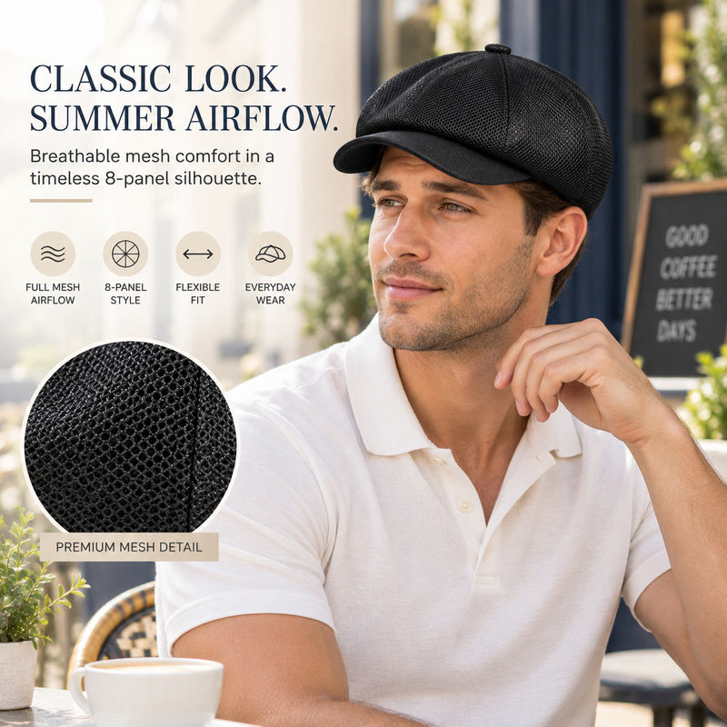 Breathable Mesh Newsboy Cap — 8-Panel Stretch Fit, Unisex.