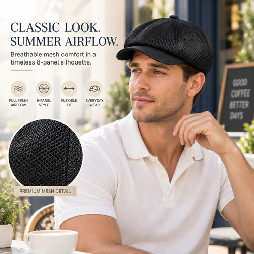 Breathable Mesh Newsboy Cap — 8-Panel Stretch Fit, Unisex.