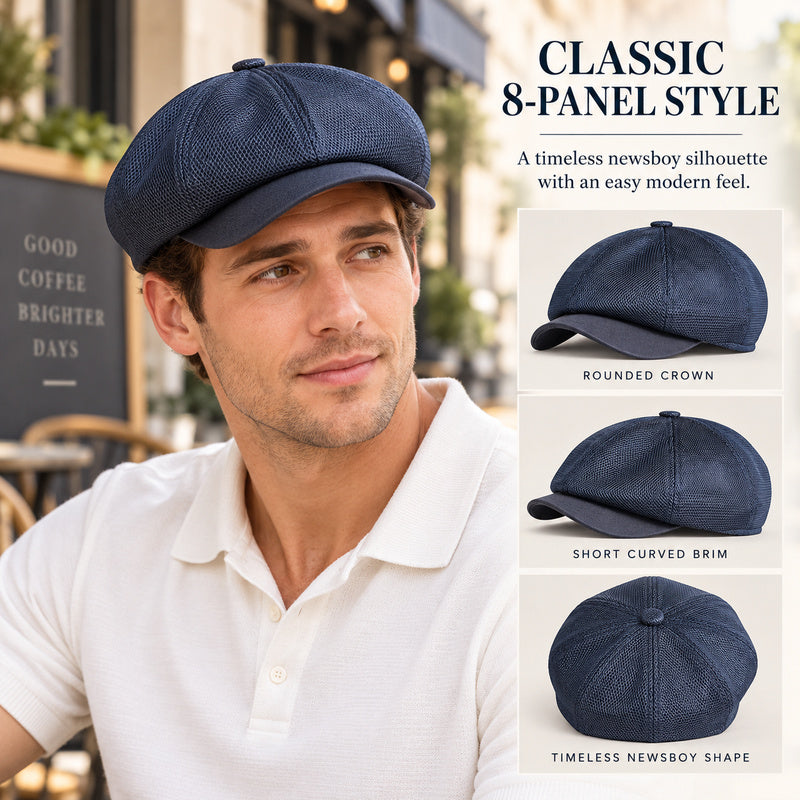 Breathable Mesh Newsboy Cap — 8-Panel Stretch Fit, Unisex.