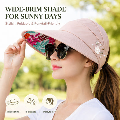 Women's Wide Brim Sun Hat — Foldable, Ponytail-Friendly, 10 Colors