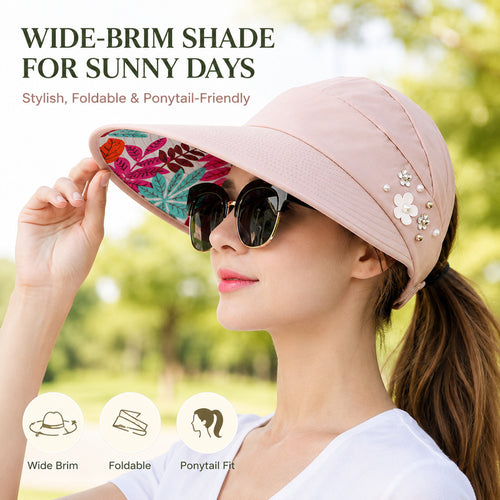 Women's Wide Brim Sun Hat — Foldable, Ponytail-Friendly, 10 Colors