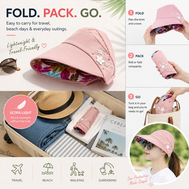 Women's Wide Brim Sun Hat — Foldable, Ponytail-Friendly, 10 Colors