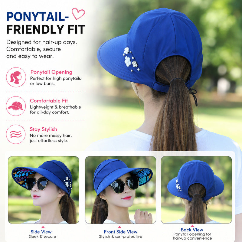Women's Wide Brim Sun Hat — Foldable, Ponytail-Friendly, 10 Colors
