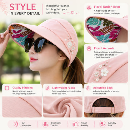 Women's Wide Brim Sun Hat — Foldable, Ponytail-Friendly, 10 Colors
