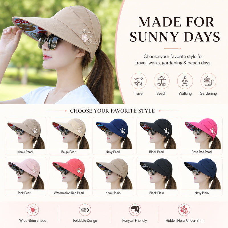 Women's Wide Brim Sun Hat — Foldable, Ponytail-Friendly, 10 Colors