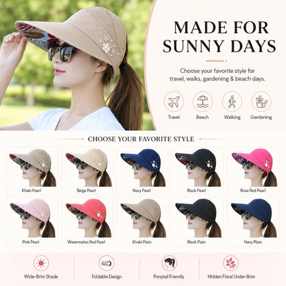 Women's Wide Brim Sun Hat — Foldable, Ponytail-Friendly, 10 Colors