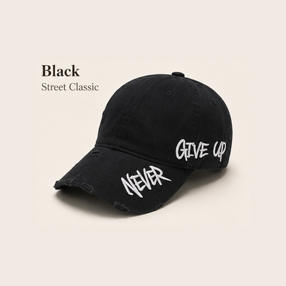 Never Give Up Distressed Vintage Cap – Embroidered Streetwear Baseball Hat
