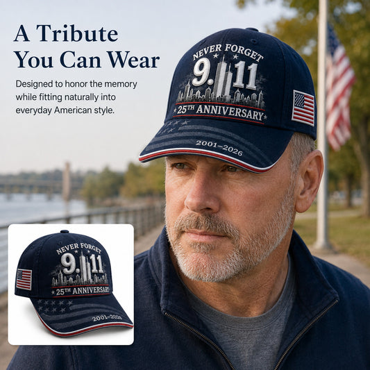 Never Forget 9/11 25th Anniversary Commemorative Cap — Navy & Red