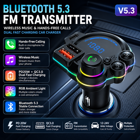 [Father’s Day Gift] 30W PD Fast Charge Bluetooth FM Transmitter for Car – Hands-Free Calls & Deep Bass