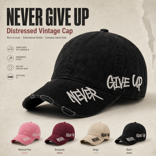 Never Give Up Distressed Vintage Cap – Embroidered Streetwear Baseball Hat
