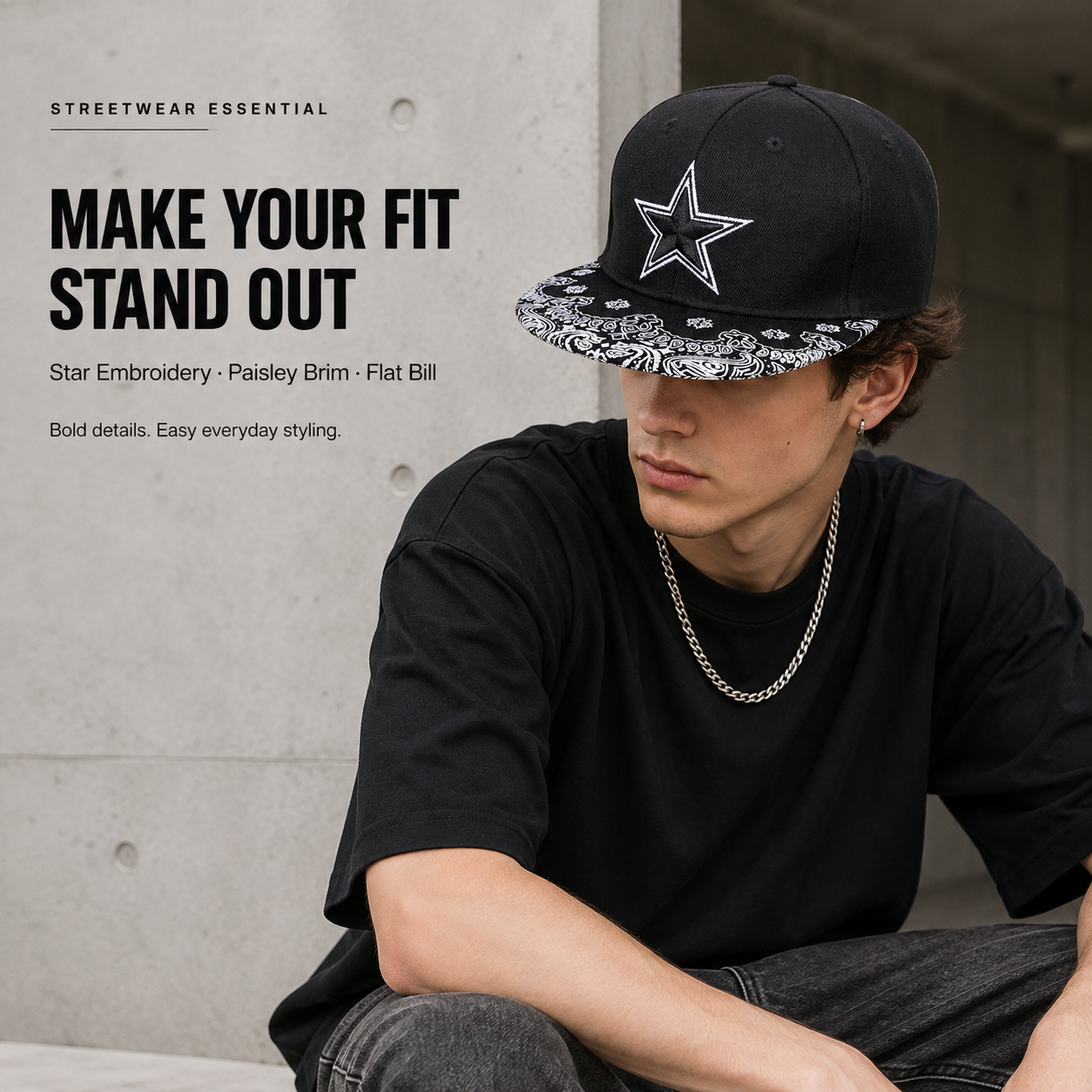 Star Embroidery Paisley Snapback Cap – Streetwear Flat Bill Hat