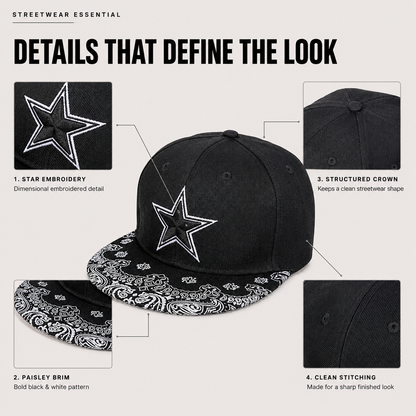 Star Embroidery Paisley Snapback Cap – Streetwear Flat Bill Hat