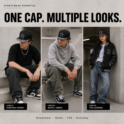 Star Embroidery Paisley Snapback Cap – Streetwear Flat Bill Hat