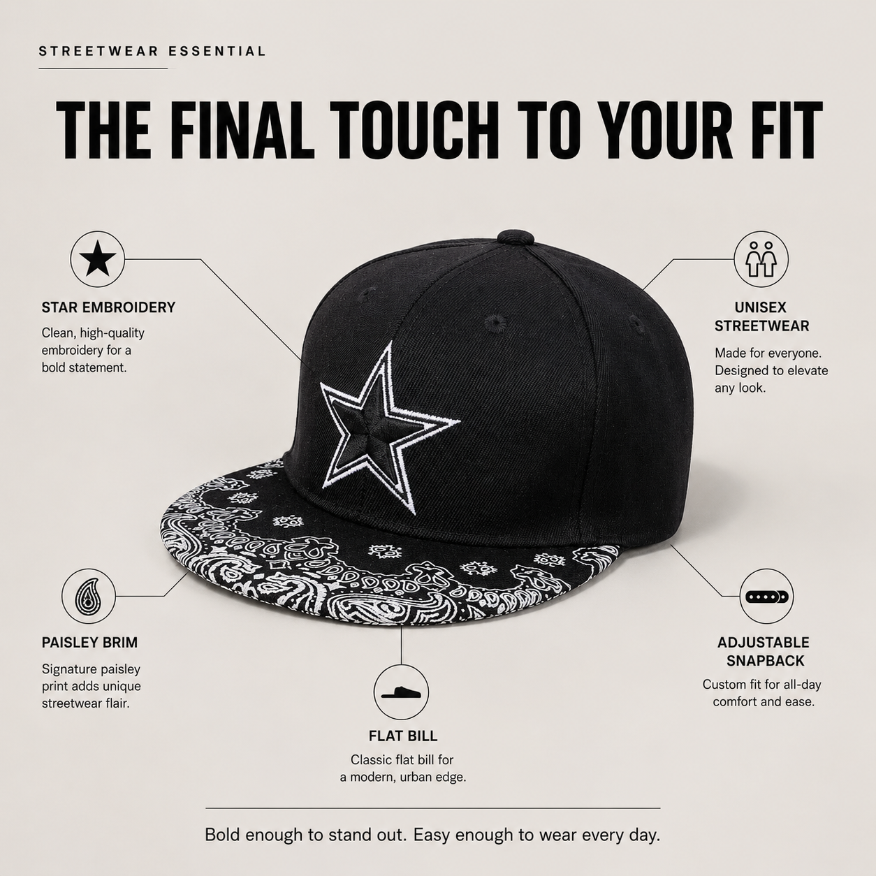 Star Embroidery Paisley Snapback Cap – Streetwear Flat Bill Hat