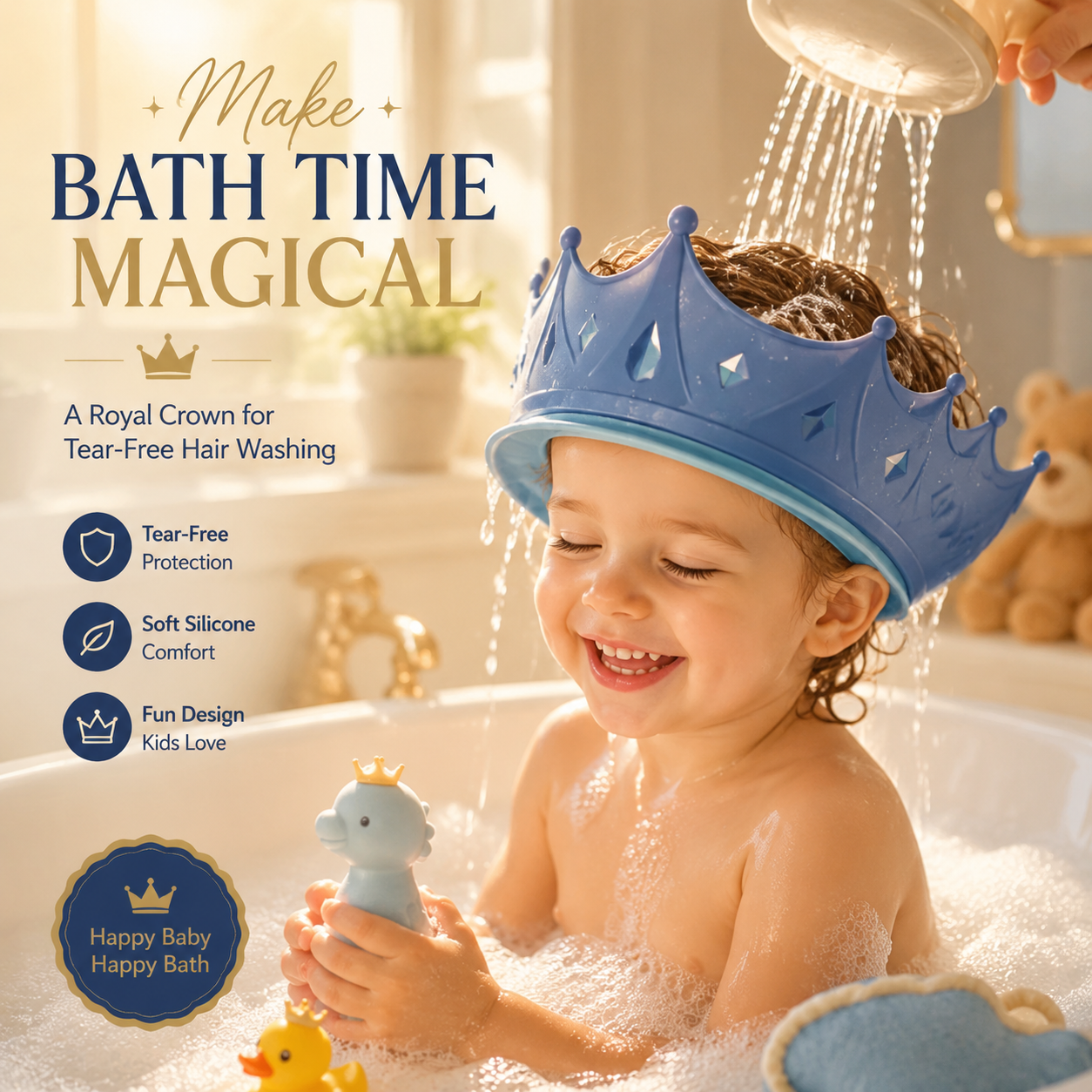 Crown Baby Shower Cap, 4‑Level Adjustable Buckle Silicone Bath Visor for Toddlers, Keep Water Out of Eyes & Ears
