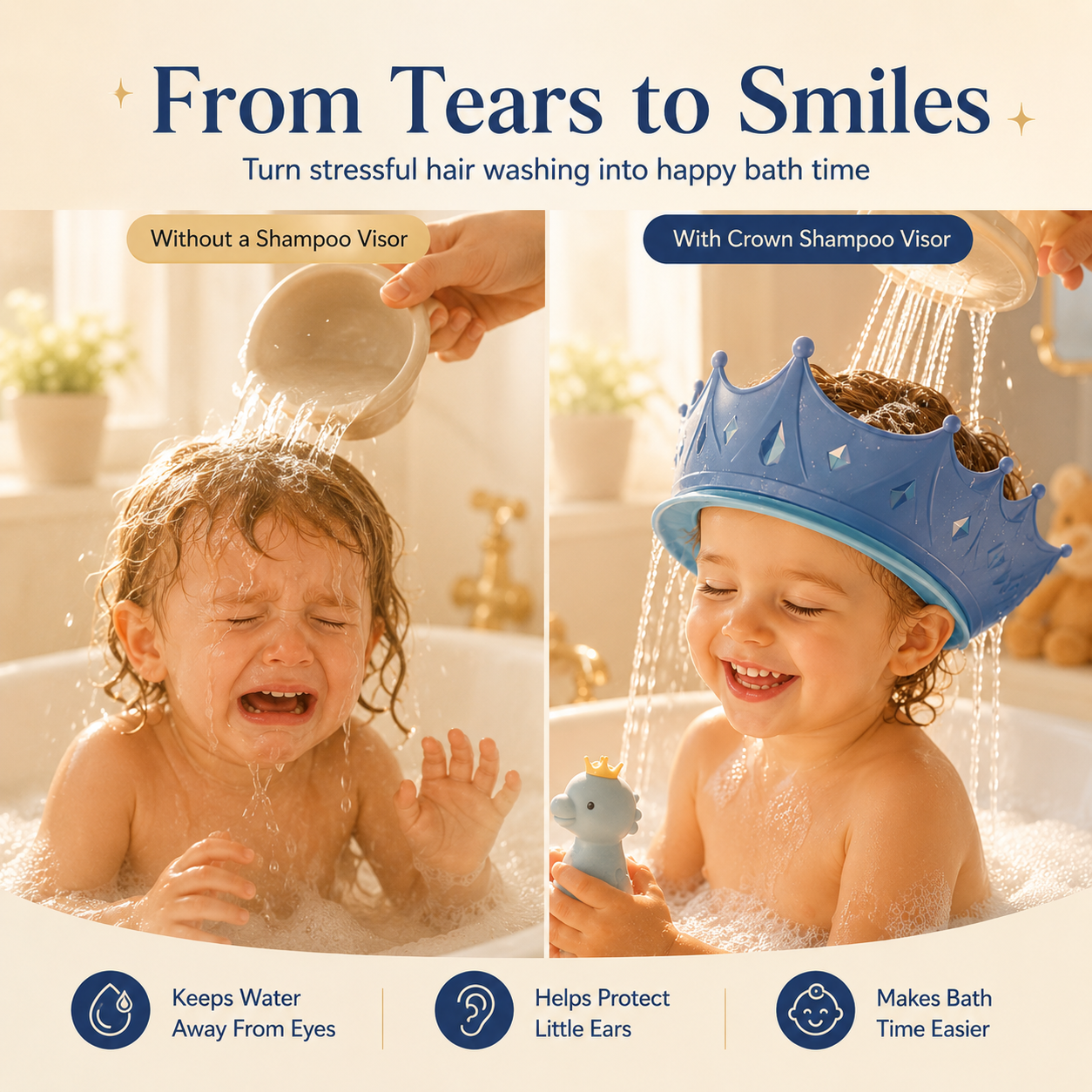 Crown Baby Shower Cap, 4‑Level Adjustable Buckle Silicone Bath Visor for Toddlers, Keep Water Out of Eyes & Ears