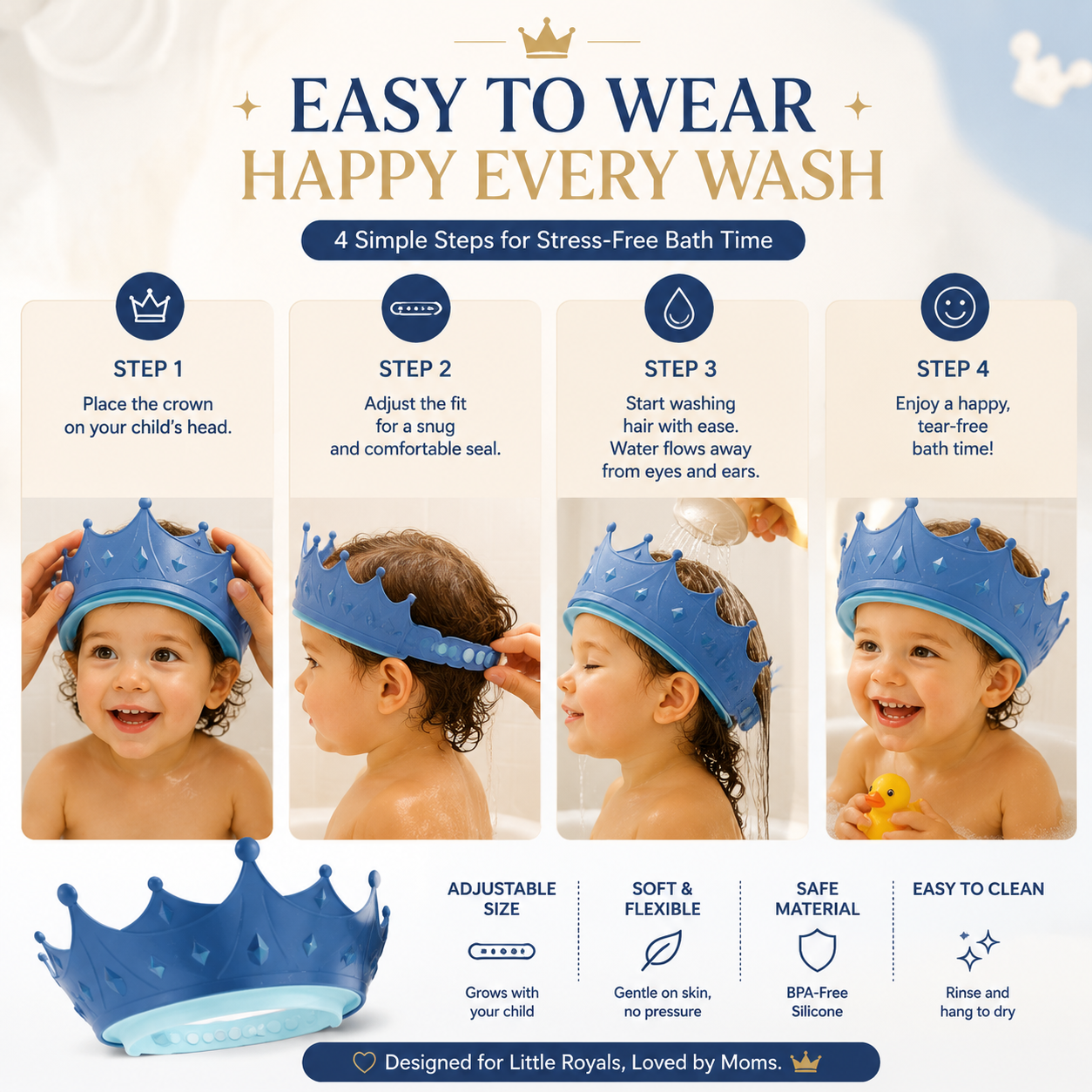 Crown Baby Shower Cap, 4‑Level Adjustable Buckle Silicone Bath Visor for Toddlers, Keep Water Out of Eyes & Ears