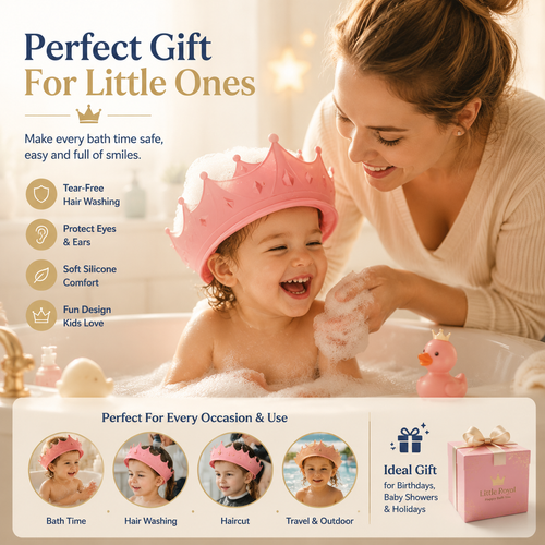 Crown Baby Shower Cap, 4‑Level Adjustable Buckle Silicone Bath Visor for Toddlers, Keep Water Out of Eyes & Ears