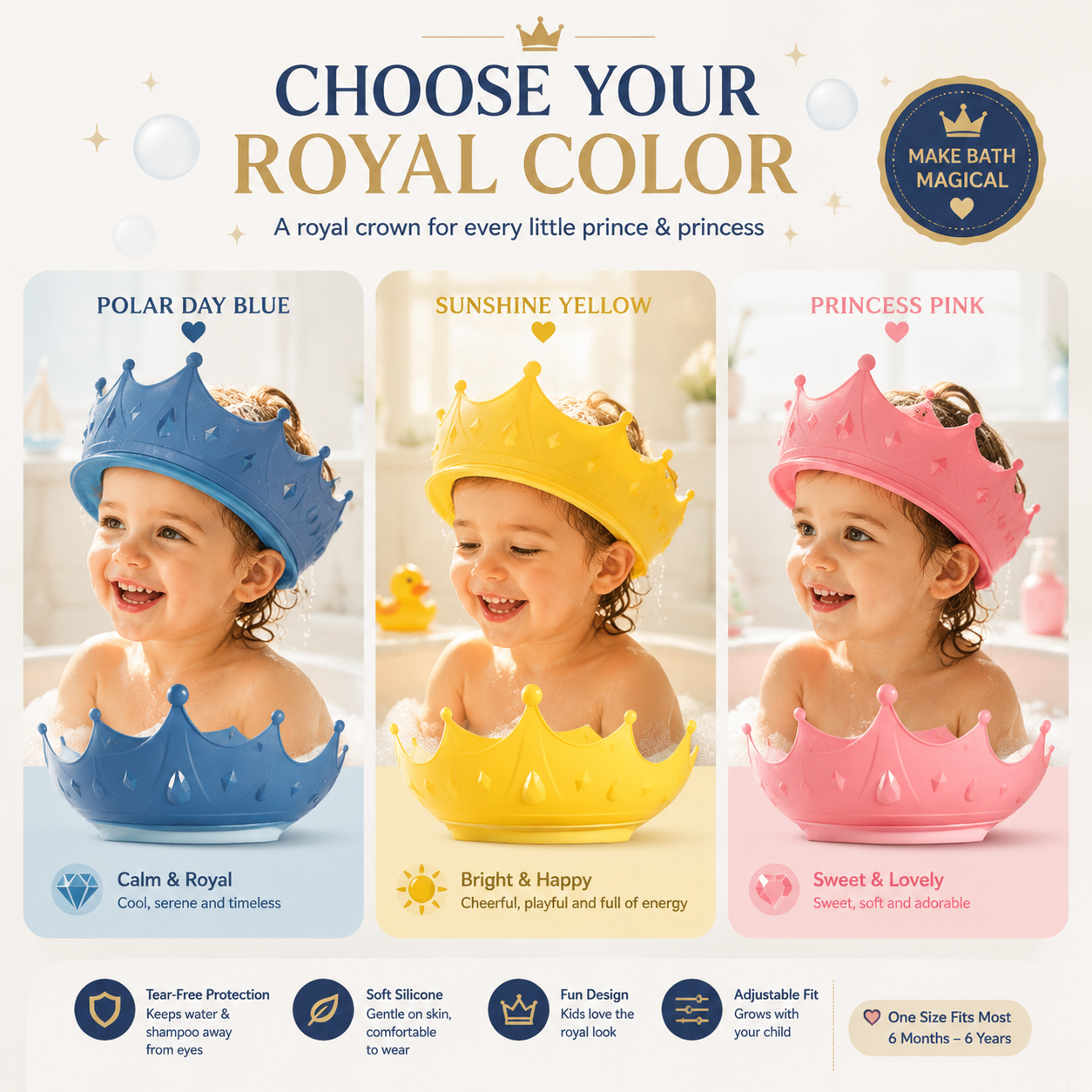 Crown Baby Shower Cap, 4‑Level Adjustable Buckle Silicone Bath Visor for Toddlers, Keep Water Out of Eyes & Ears
