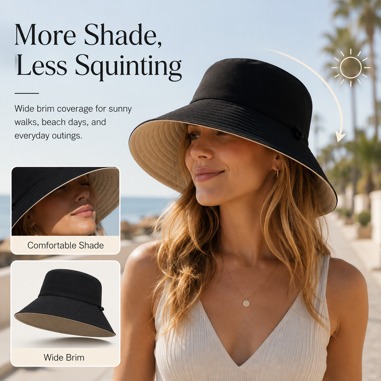 Wide Brim Sun Bucket Hat Adjustable Drawstring UV Protection Outdoor Beach Fishing Hat