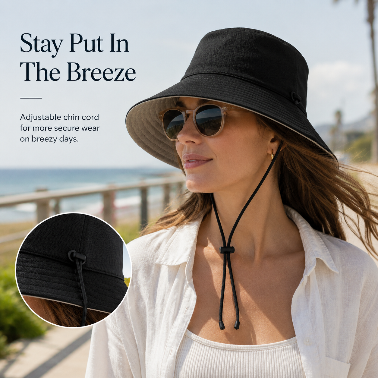 Wide Brim Sun Bucket Hat Adjustable Drawstring UV Protection Outdoor Beach Fishing Hat