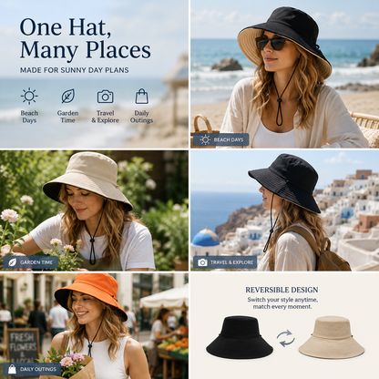 Wide Brim Sun Bucket Hat Adjustable Drawstring UV Protection Outdoor Beach Fishing Hat