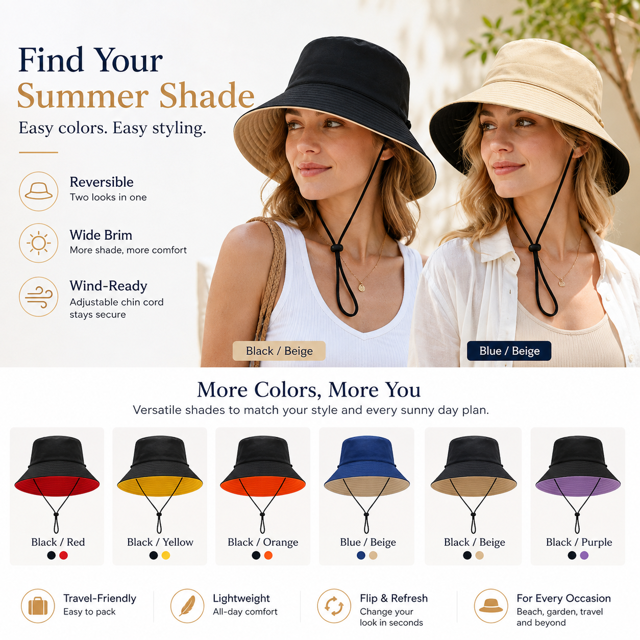 Wide Brim Sun Bucket Hat Adjustable Drawstring UV Protection Outdoor Beach Fishing Hat