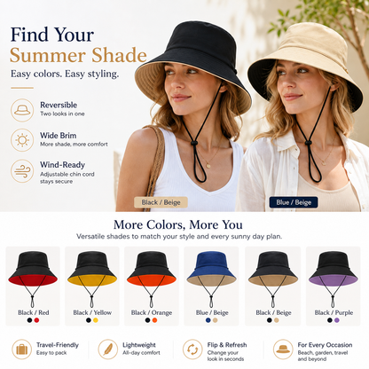 Wide Brim Sun Bucket Hat Adjustable Drawstring UV Protection Outdoor Beach Fishing Hat