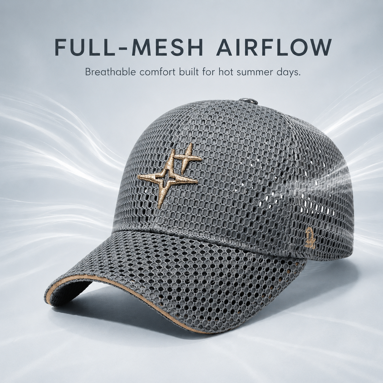 Full-Mesh Baseball Cap with Gold Star Embroidery — Breathable Summer Hat, 6 Colors