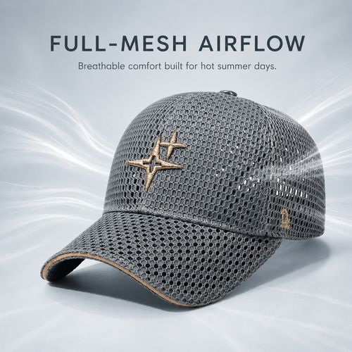 Full-Mesh Baseball Cap with Gold Star Embroidery — Breathable Summer Hat, 6 Colors